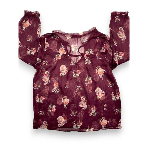 Abercrombie & Fitch Burgundy Floral Sheer Boho Blouse Size Small - Picture 6 of 6